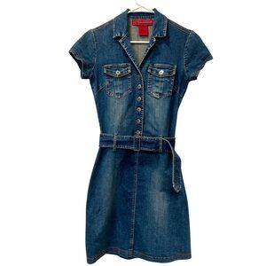 Vintage Y2k Hot Kiss Denim Stretch Dress Size XS Button Up 70's Drop Style Waist